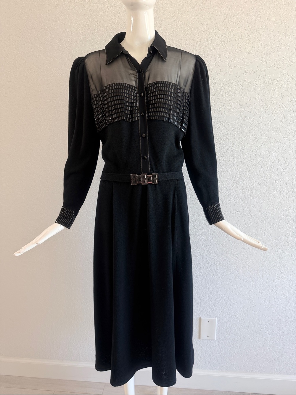 St. John Santana Knite Black Sheer Yoke Midi Dress with Embellished Trim